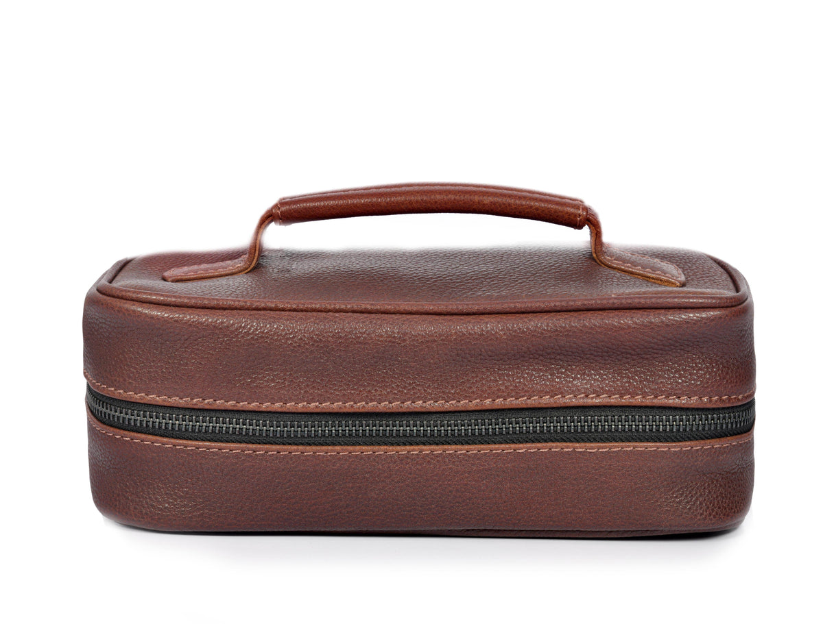 Aaron Reserve Leather Toiletry Bag for Men – Compact Travel Dopp Kit with Handle & Tartan Lining – Premium Brown Grain Leather