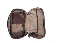 Aaron Reserve Leather Toiletry Bag for Men – Compact Travel Dopp Kit with Handle & Tartan Lining – Premium Brown Grain Leather