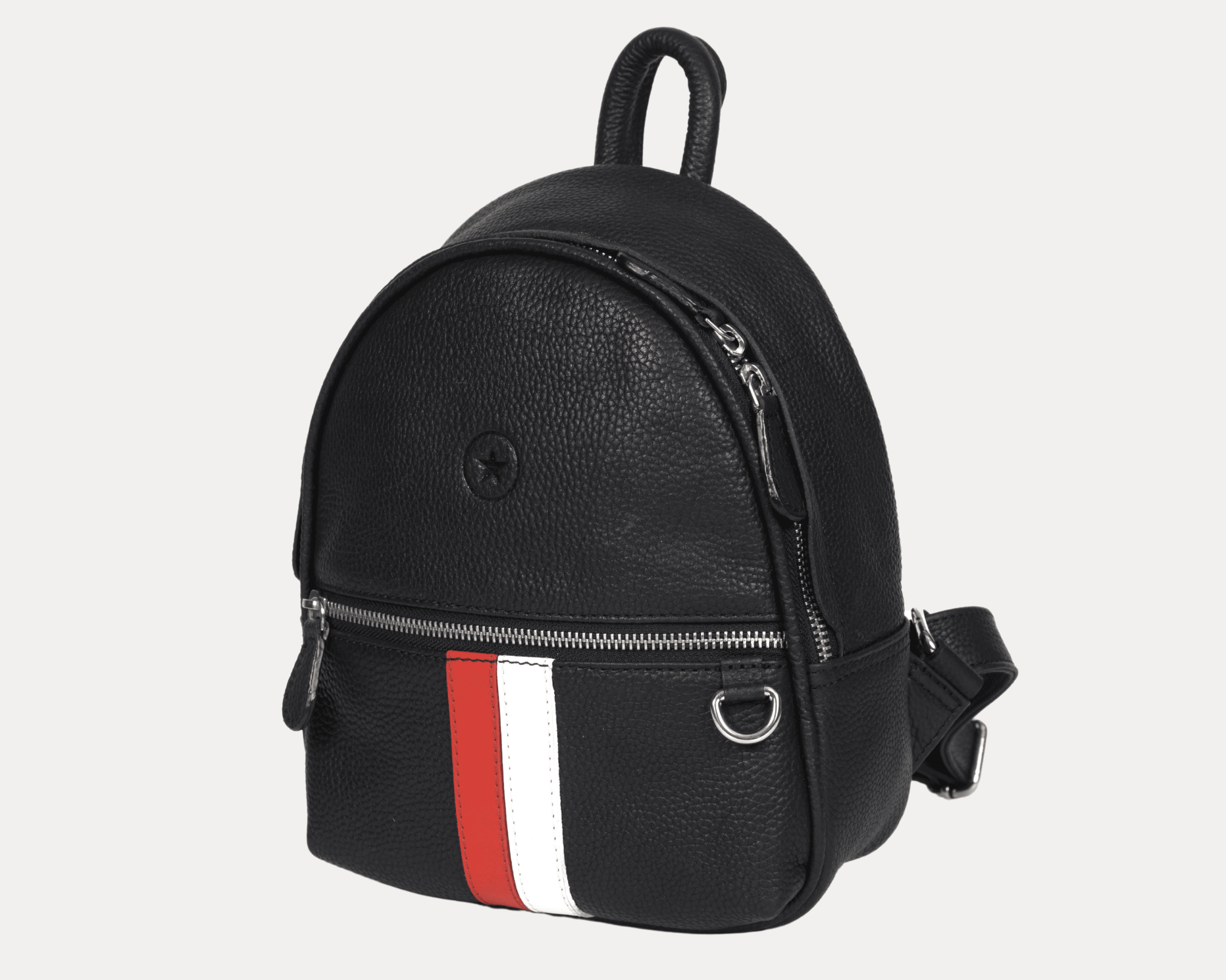 Aaron Leather Goods Pebbled Leather Mini Backpack with Red and White Racing Stripe, Front Zipper Pocket, Adjustable Shoulder Straps, and Compact Inter