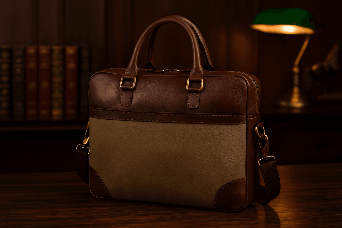 Premium Full-Grain Leather & Canvas Laptop Briefcase for Men | Handmade Office & Travel Bag by Aaron Leather Goods