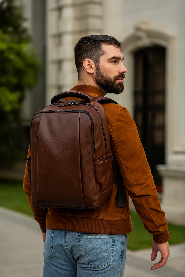 Premium Full-Grain Brown Leather Laptop Backpack – Stylish & Durable Travel Companion
