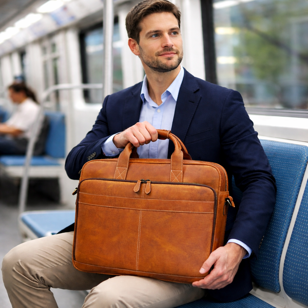 Aaron Leather Goods — винтажная офисная сумка из светло-коричневой кожи