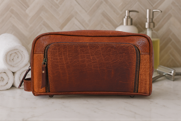 Barcelona Leather Toiletry Bag - Caramel Brown