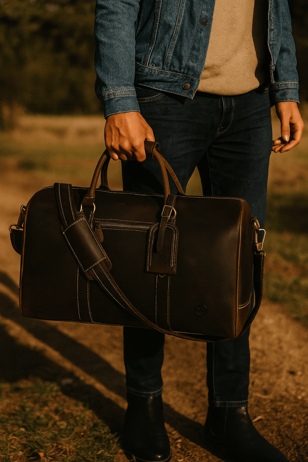 Austin Leather Overnight Bag with Wallet & Toiletry Bag Combo - Dark Brown