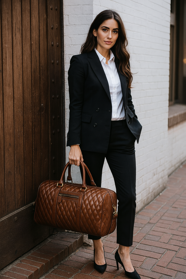 Spokane Diamond Stitched Leather Texture Weekender Bag - Shiny Brown