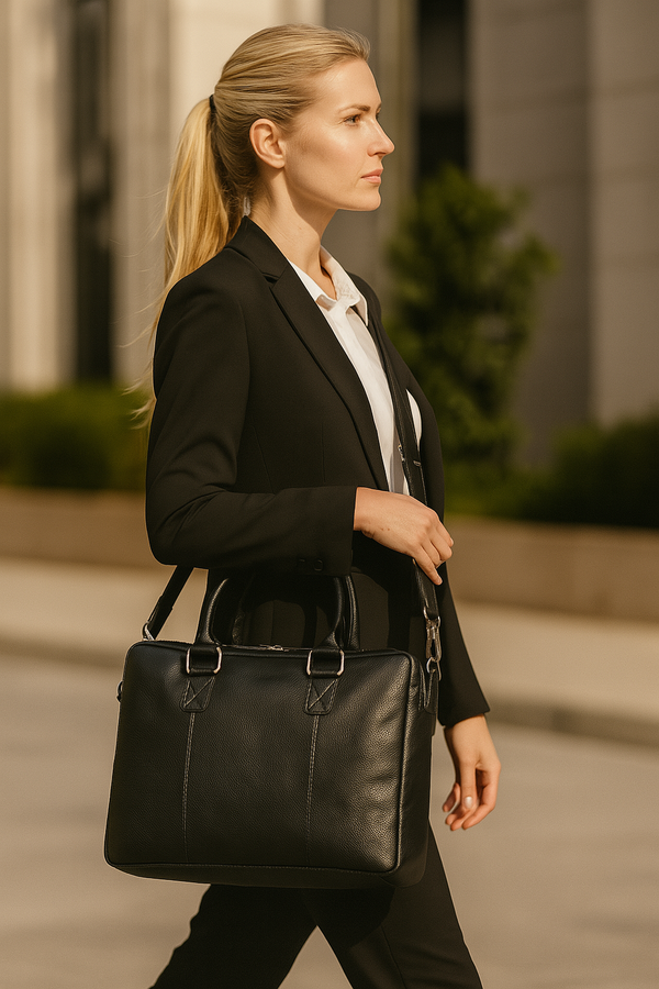 Aaron Leather Goods Full-Grain Leather Office Bag – Sleek Black Laptop Briefcase for Men