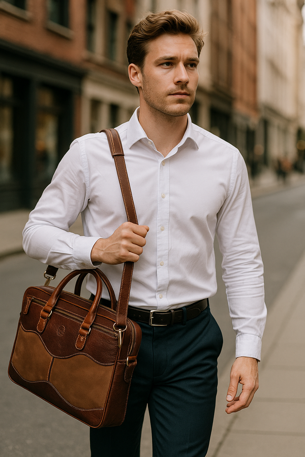 Aaron Leather Goods Premium Leather and Canvas Office Bag