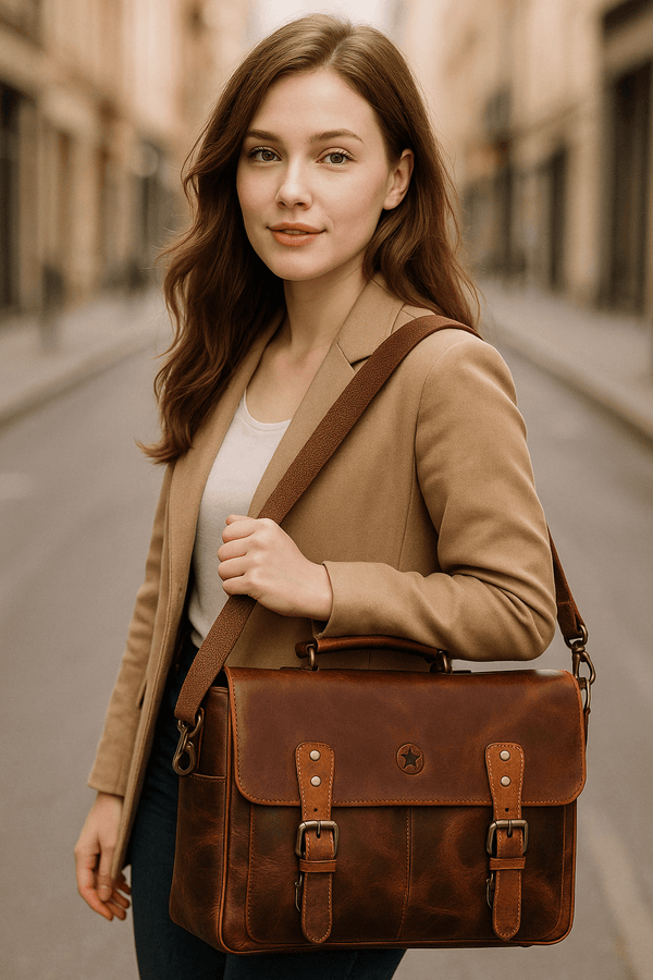 Vintage Leather Messenger Bag for Men – Rustic Full - Grain Leather Satchel Briefcase for Laptop, Work, and Travel - Aaron Leather Goods