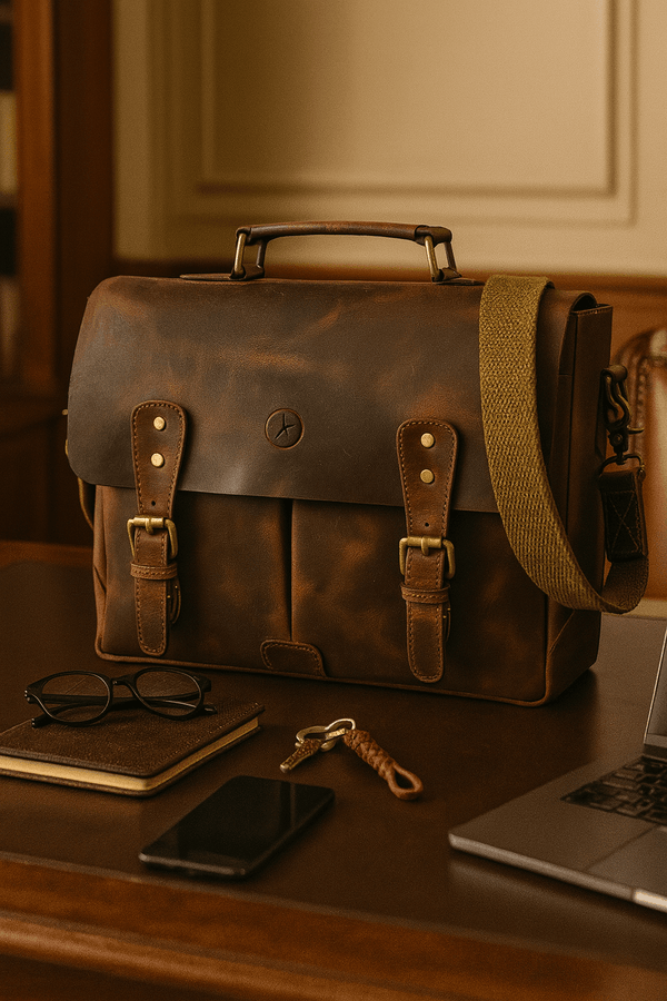 Vintage Leather Messenger Bag for Men – Rustic Full - Grain Leather Satchel Briefcase for Laptop, Work, and Travel - Aaron Leather Goods