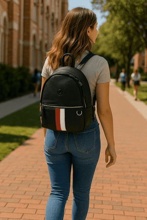 black and white leather backpack bag Stylish Black Leather Mini Backpack with Red & White Stripe – Compact Travel & Daily Bag
