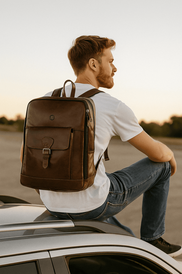 Handcrafted Brown Full-Grain Leather Backpack with Front Buckle Pocket – Vintage Travel Bag by Aaron Leather Goods