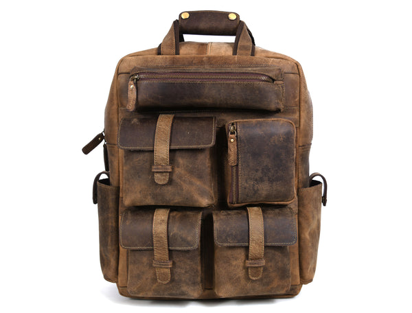 Vintage Crazy Horse Leather Backpack & Eagle Engraved Leather Belt Gift Set for Men | Handmade Full Grain Leather Travel & Everyday Combo