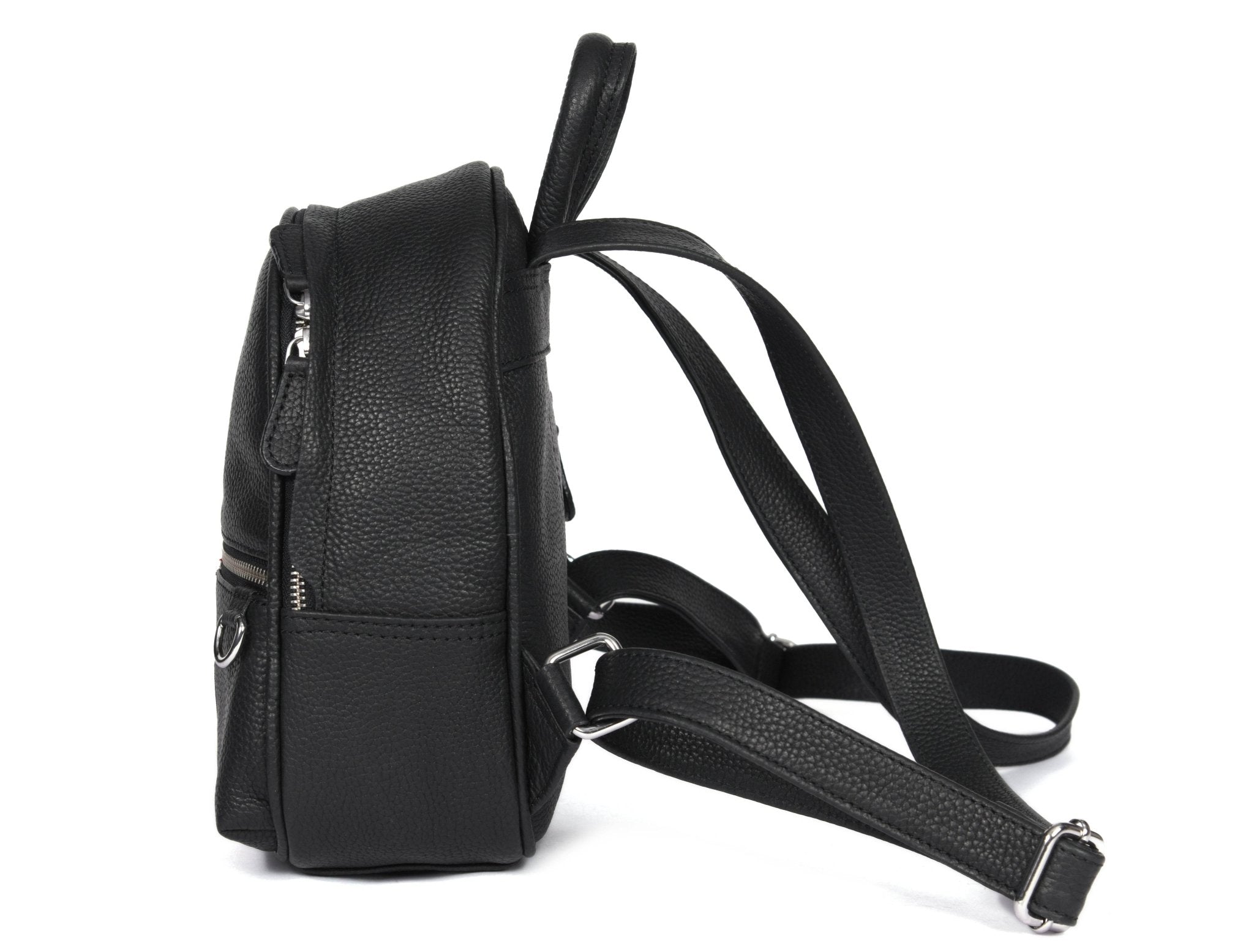 black leather backpack with red and white stripes Stylish Black Leather Mini Backpack with Red & White Stripe – Compact Travel & Daily Bag