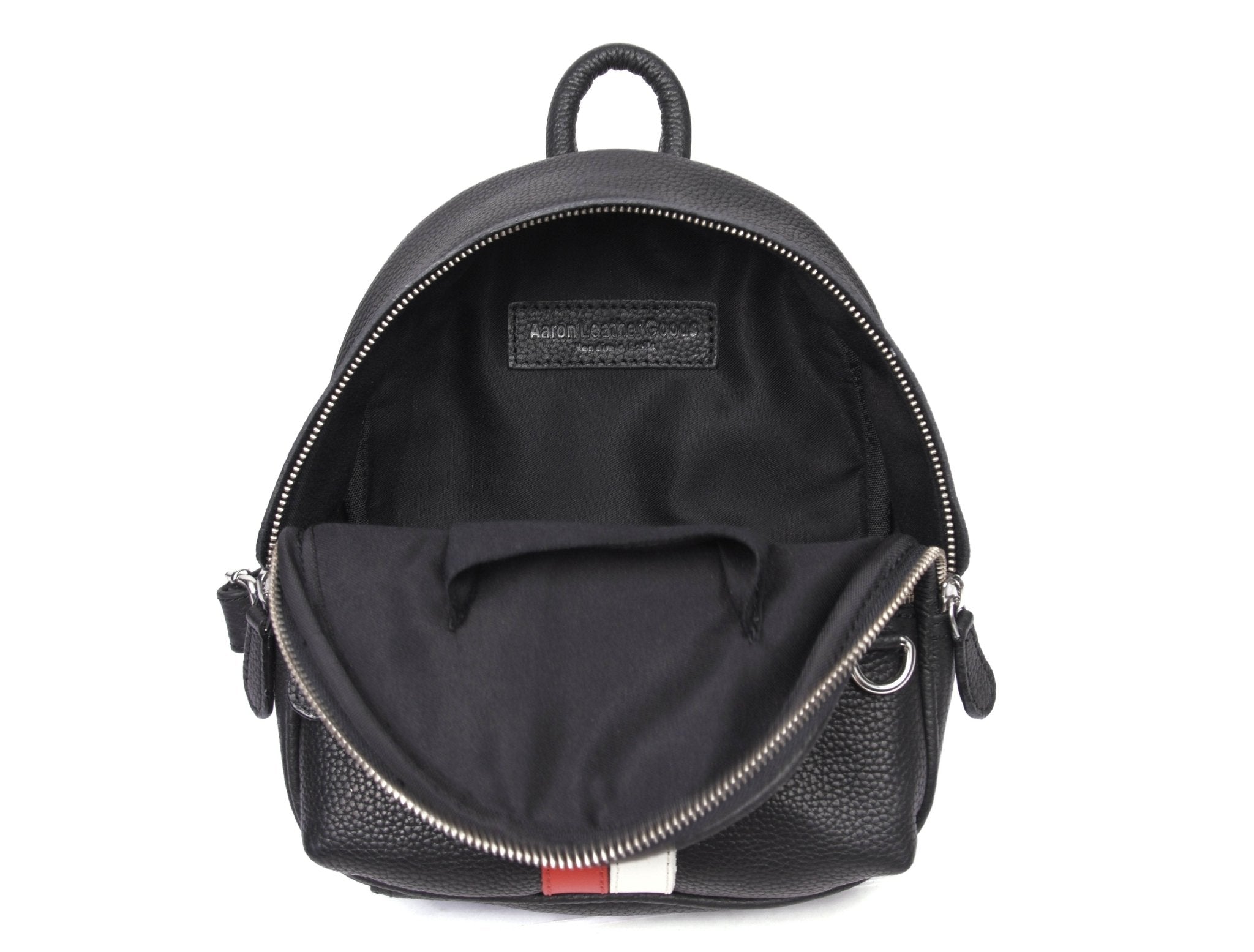 black and white leather backpack bag Stylish Black Leather Mini Backpack with Red & White Stripe – Compact Travel & Daily Bag