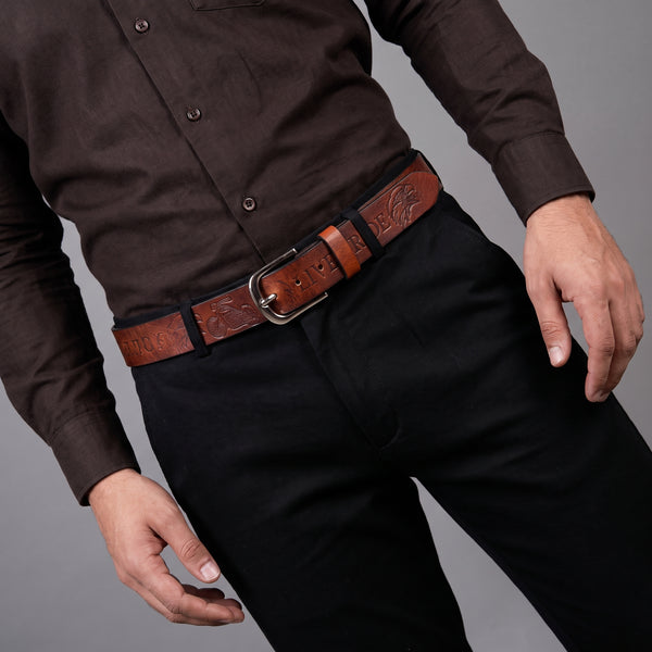Handcrafted Genuine Leather "Live to Ride" Belt for Men – Vintage Brown Motorcycle Leather Belt with Eagle Embossing & Gift Box