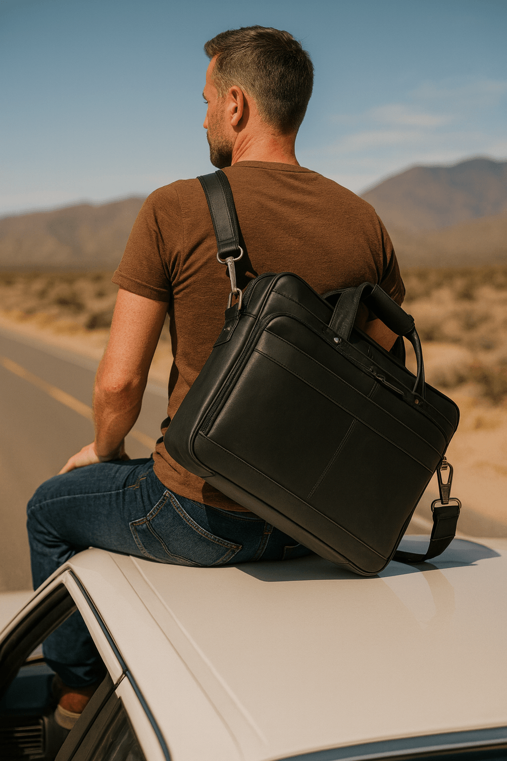 Premium Black Leather Laptop Bag for Men – Stylish Office Briefcase with Shoulder Strap | Business Travel Work Bag