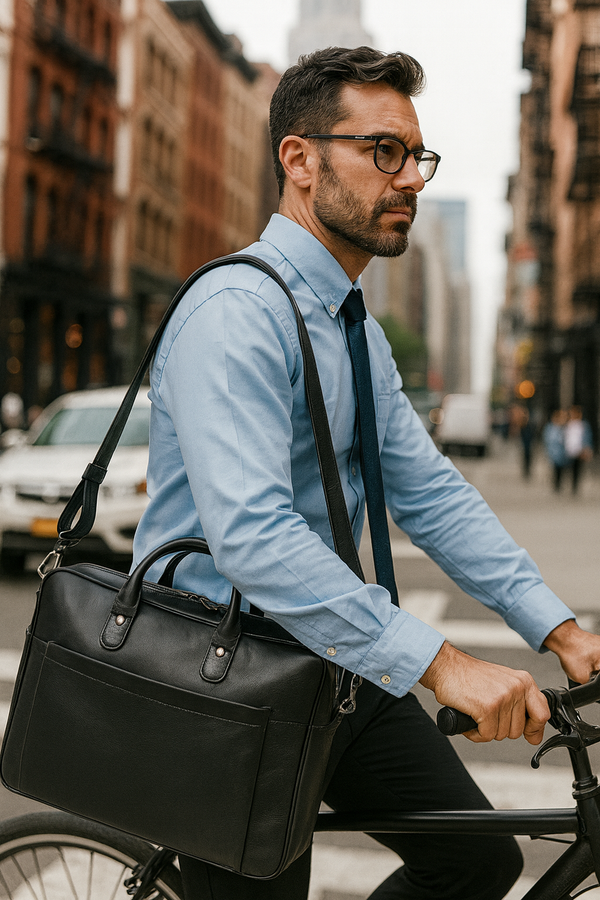 Genuine Black Leather Laptop Bag for Men – Slim Office Briefcase with Shoulder Strap | Professional Business Travel Work Bag