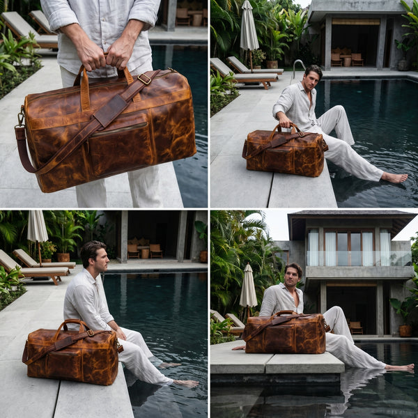 Vintage Crazy Horse Leather Duffle Bag for Travel & Weekender Trips | 23 Inch Full-Grain Leather Holdall