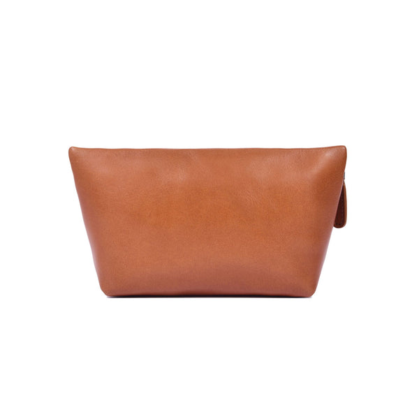 Embroidered Brown Leather Cosmetic Pouch with Zip Closure