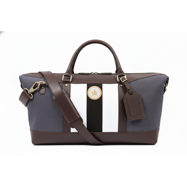 Brown Leather & Canvas Duffle Bag with Signature Stripe