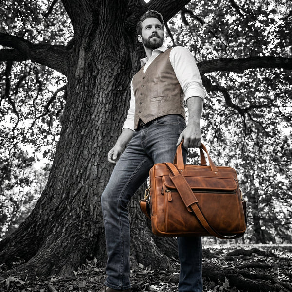 Aaron Leather Goods - Premium Tan Leather Office Bag - Aaron Leather Goods Inc