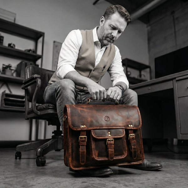 Ancona Leather Office Bag 15" - Brown - Aaron Leather Goods Inc
