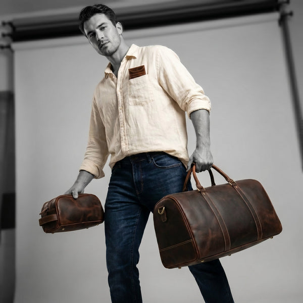 Austin Leather Overnight Bag with Wallet & Toiletry Bag Combo - Dark Brown - Aaron Leather Goods Inc