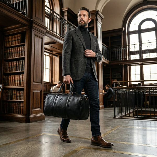 Black Full - Grain Leather Barrel Duffle Bag - Aaron Leather Goods Inc