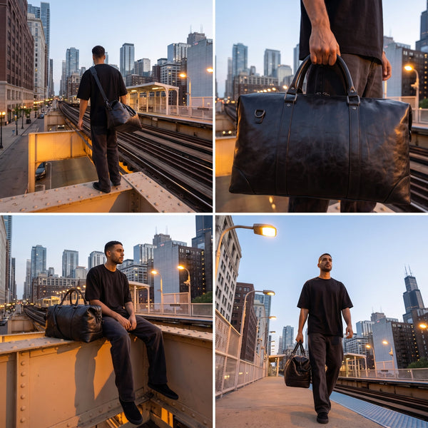 Black Full-Grain Leather Duffle Travel Bag - Aaron Leather Goods Inc