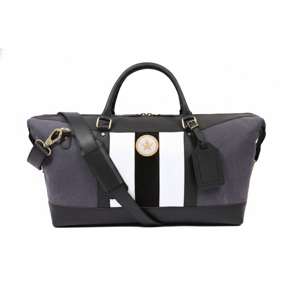 Black Leather & Canvas Duffle Bag with Signature Stripe - Aaron Leather Goods