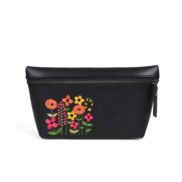 Black Leather Floral Embroidered Toiletry Pouch - Aaron Leather Goods