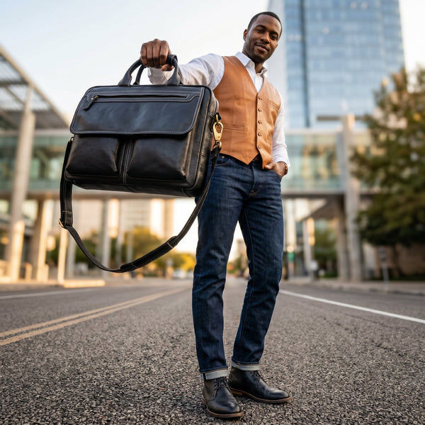 Black Leather Office Bag for Men – 16 Inch Laptop Bag - Aaron Leather Goods Inc