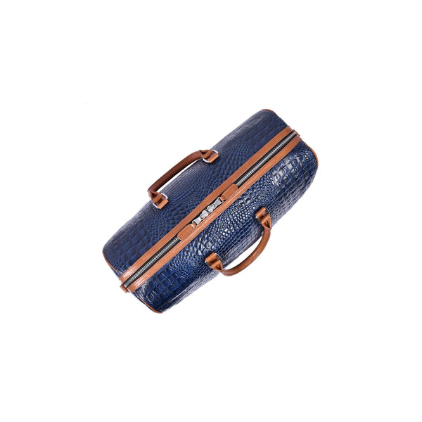 Blue Croc Pattern Leather Duffle Bag with Shoulder Strap - Aaron Leather Goods