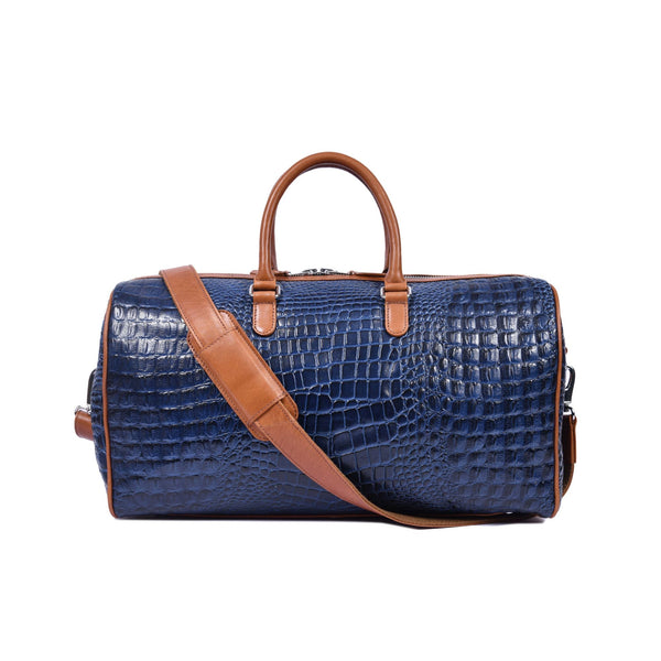Blue Croc Pattern Leather Duffle Bag with Shoulder Strap - Aaron Leather Goods