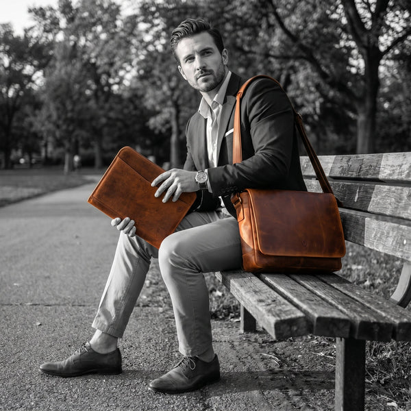 Boulder Leather Messenger Bag & Organizer Combo - Caramel - Aaron Leather Goods Inc