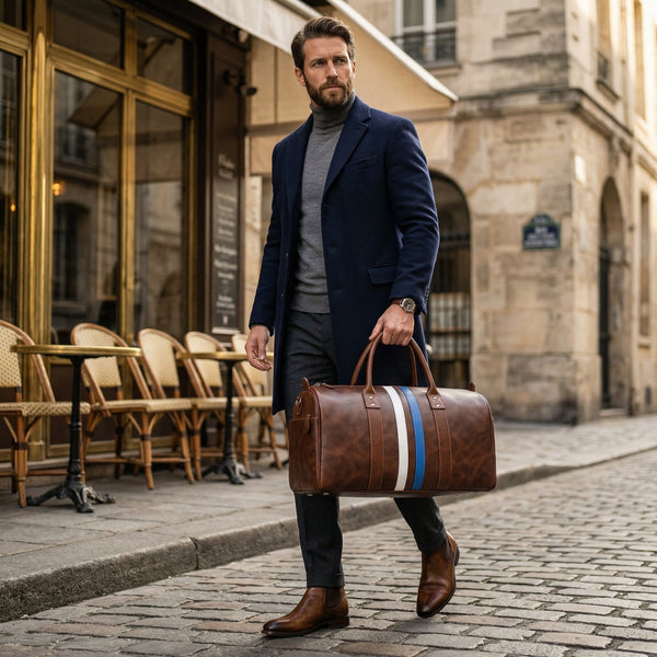 Brown Leather Duffle Bag with Stripe Detail - Aaron Leather Goods Inc