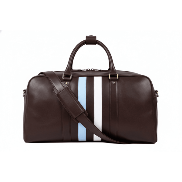 Classic Brown Leather Weekend Bag with Contrast Racing Stripes - Aaron Leather Goods