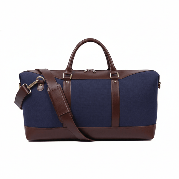 Classic Navy Canvas & Brown Leather Weekender Duffle Bag - Aaron Leather Goods