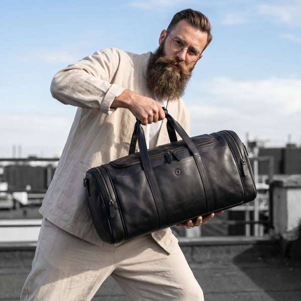 Cordoba Leather Barrel Bag - Raven Black - Aaron Leather Goods Inc