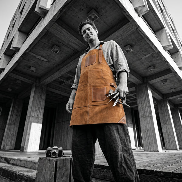Custom Apron with Leather Strap - Brown Suede - Aaron Leather Goods Inc