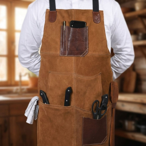 Custom Apron with Leather Strap - Brown Suede - Aaron Leather Goods