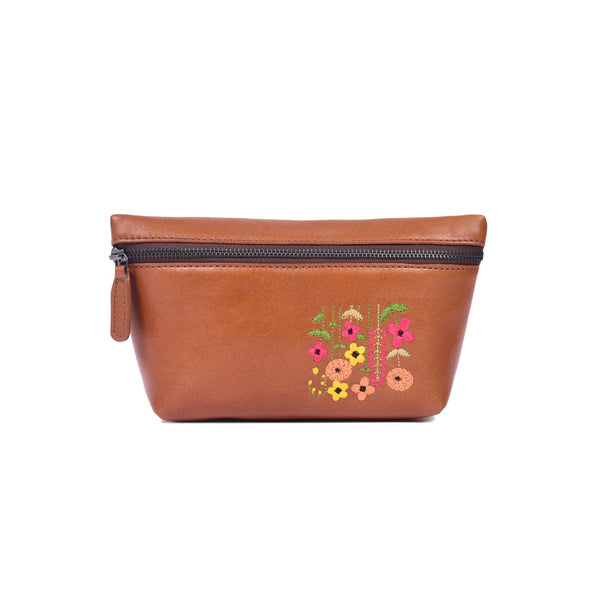 Embroidered Brown Leather Cosmetic Pouch with Zip Closure - Aaron Leather Goods