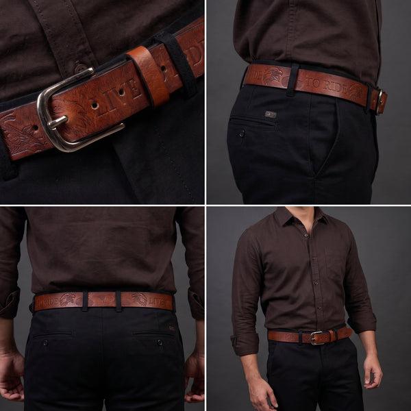 Handcrafted Genuine Leather "Live to Ride" Belt for Men – Vintage Brown Motorcycle Leather Belt with Eagle Embossing & Gift Box - Aaron Leather Goods Inc