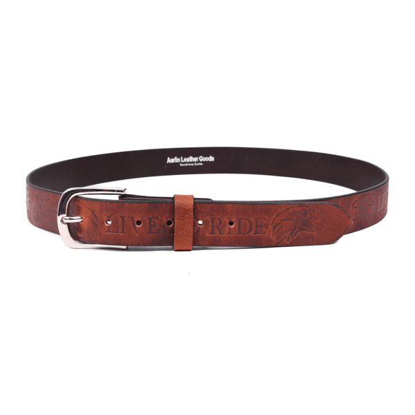 Handcrafted Genuine Leather "Live to Ride" Belt for Men – Vintage Brown Motorcycle Leather Belt with Eagle Embossing & Gift Box - Aaron Leather Goods Inc