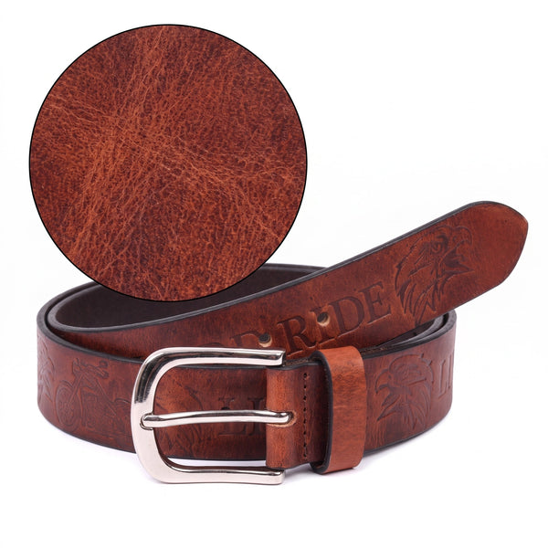 Handcrafted Genuine Leather "Live to Ride" Belt for Men – Vintage Brown Motorcycle Leather Belt with Eagle Embossing & Gift Box - Aaron Leather Goods Inc