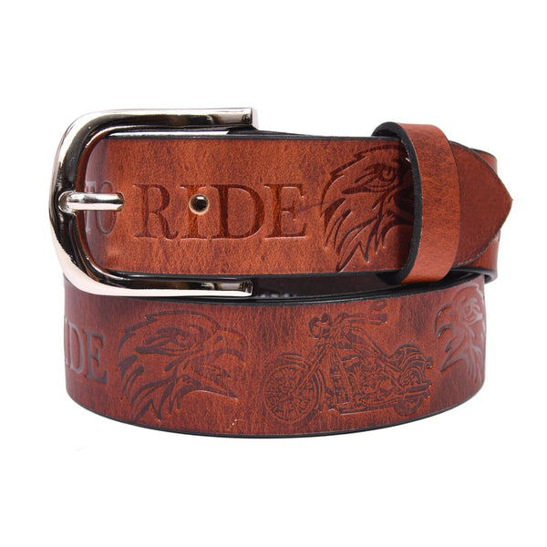 Handcrafted Genuine Leather "Live to Ride" Belt for Men – Vintage Brown Motorcycle Leather Belt with Eagle Embossing & Gift Box - Aaron Leather Goods Inc