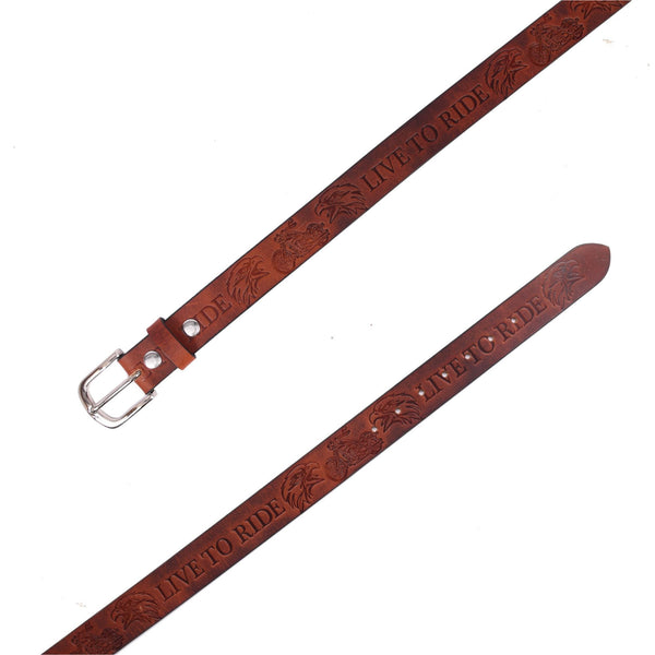 Handcrafted Genuine Leather "Live to Ride" Belt for Men – Vintage Brown Motorcycle Leather Belt with Eagle Embossing & Gift Box - Aaron Leather Goods Inc
