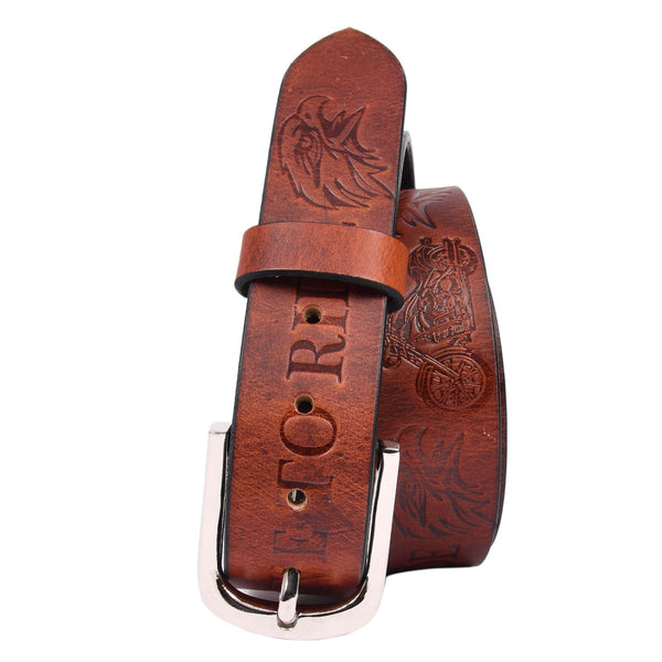 Handcrafted Genuine Leather "Live to Ride" Belt for Men – Vintage Brown Motorcycle Leather Belt with Eagle Embossing & Gift Box - Aaron Leather Goods Inc