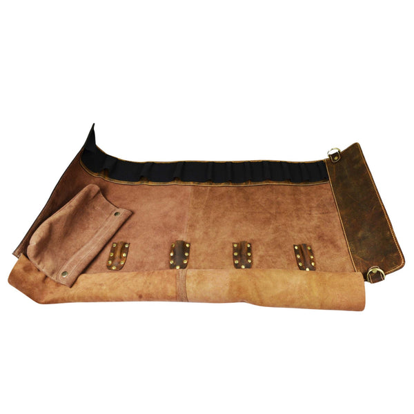 Handcrafted Leather Chef Knife Roll Bag | Vintage Buffalo Leather | Brass Hardware - Aaron Leather Goods Inc