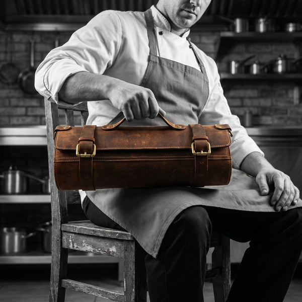 Handcrafted Leather Chef Knife Roll Bag | Vintage Buffalo Leather | Brass Hardware - Aaron Leather Goods Inc